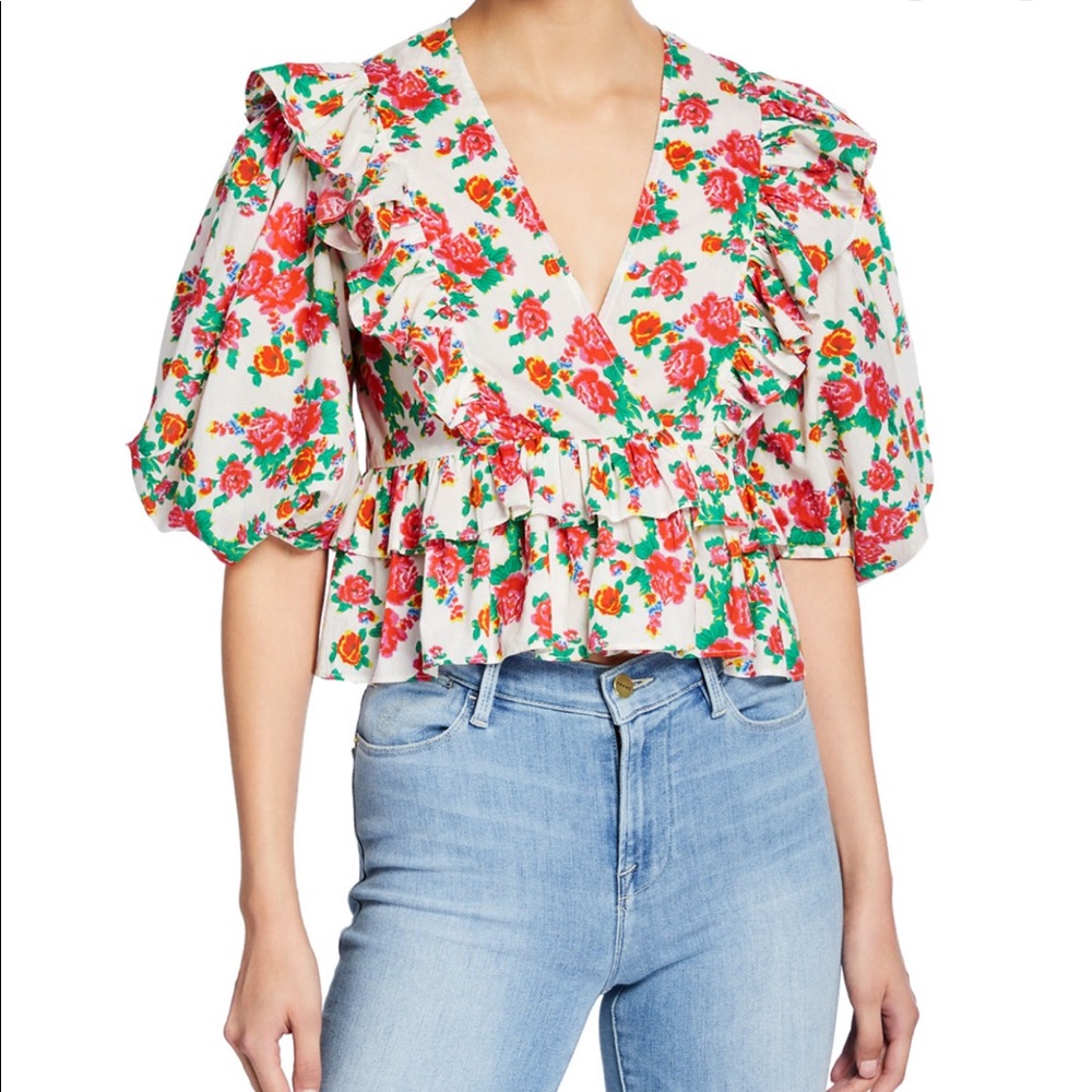 Rhode Elodie Floral-Print Ruffle Crop Top Size M